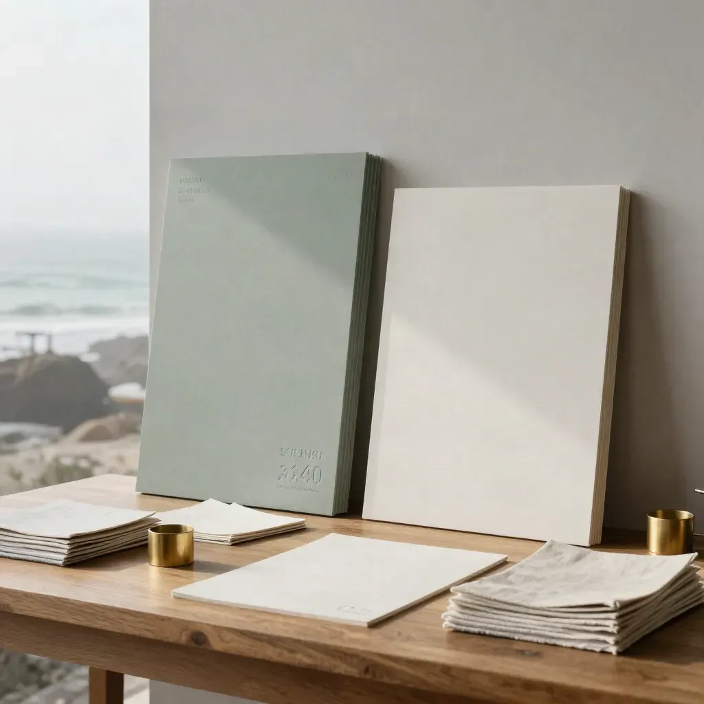 Coastal design studio with brand boards, paper samples, linen portfolios and brass weights on an oak table.
