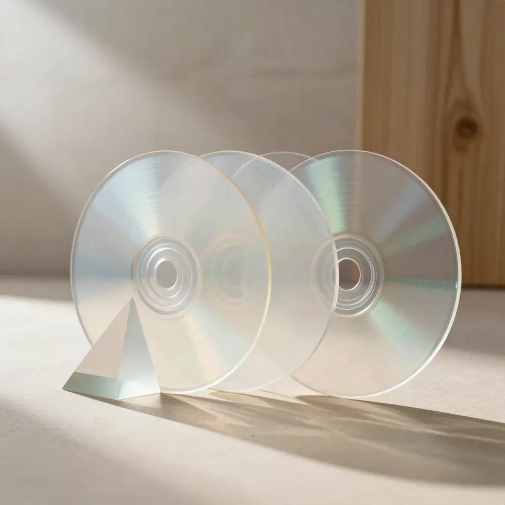 Acetate discs, frosted prism, and paper rig in a motion-design still life