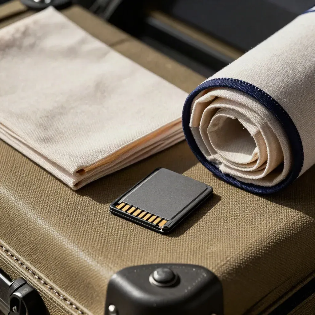 Memory cards, a rolled diffusion cloth and reflector edge on a khaki gear trunk in skimming light.