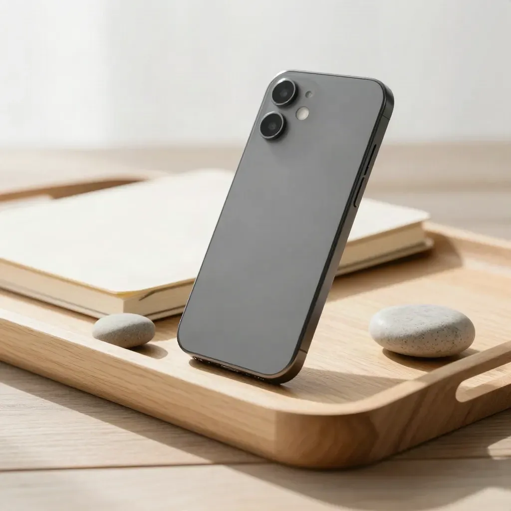 Matte handset, cream notebook and stone paperweight on a pale wood tray in soft daylight