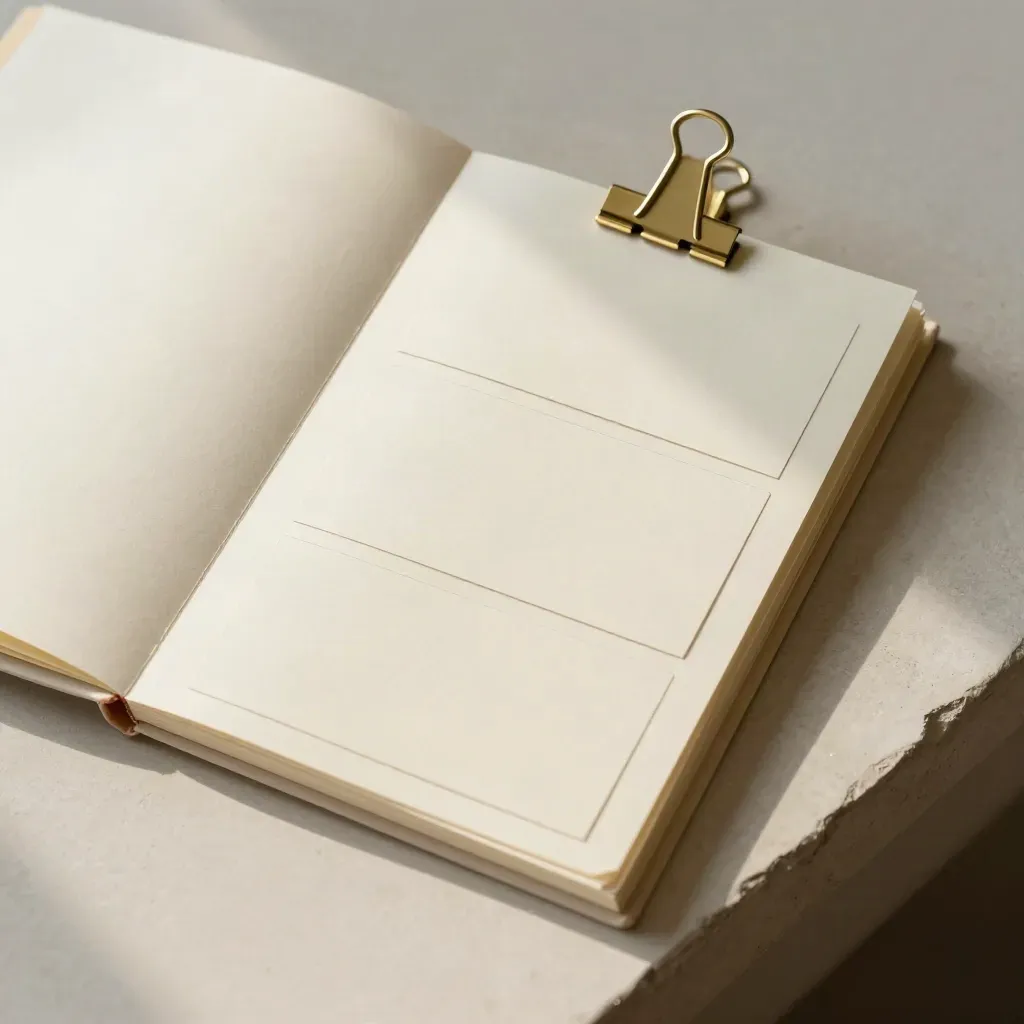 Overhead cream cards, brass clips, and tabbed folder on a pale plaster sweep.