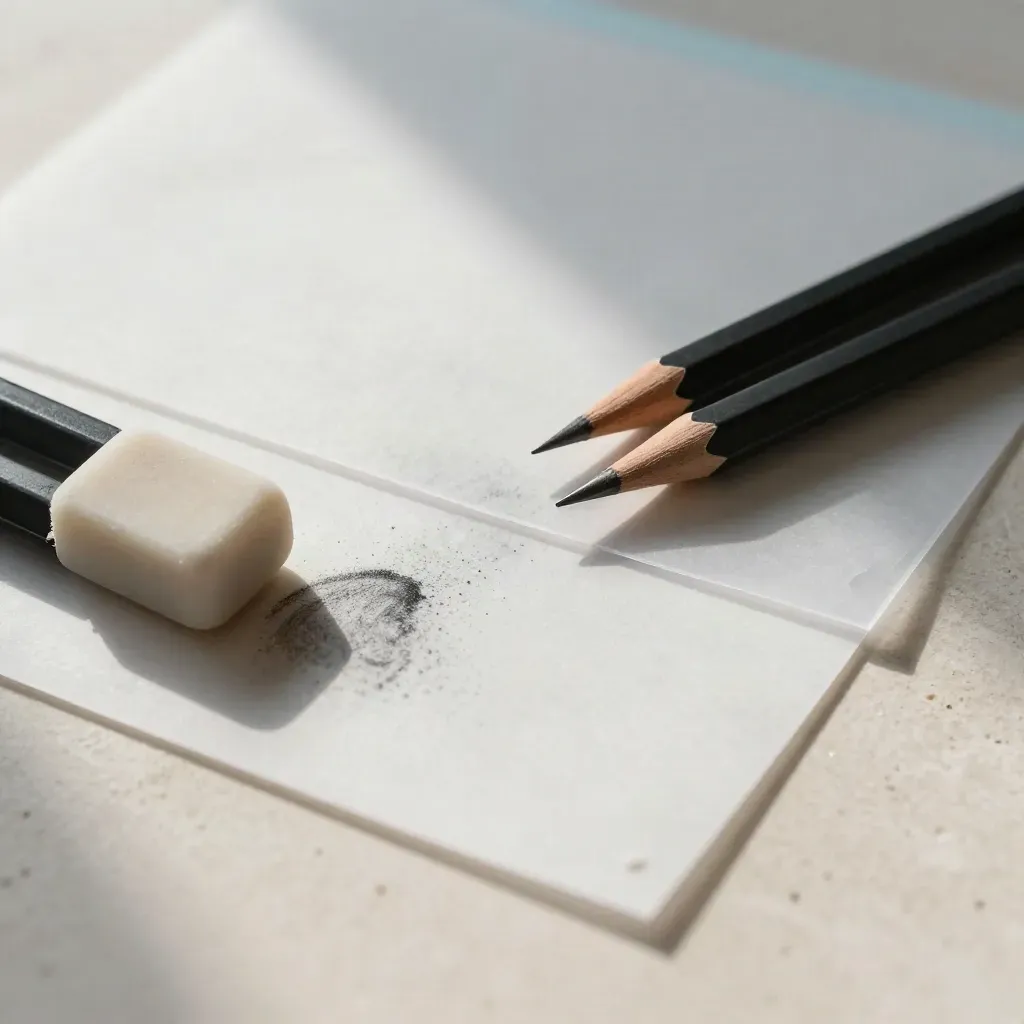 Overhead tracing sheets, graphite pencils and eraser dust on pale limestone.