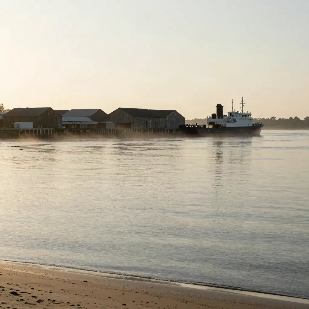 Cape Fear riverfront with ship silhouette, warehouse roofs and hazy late-afternoon water.